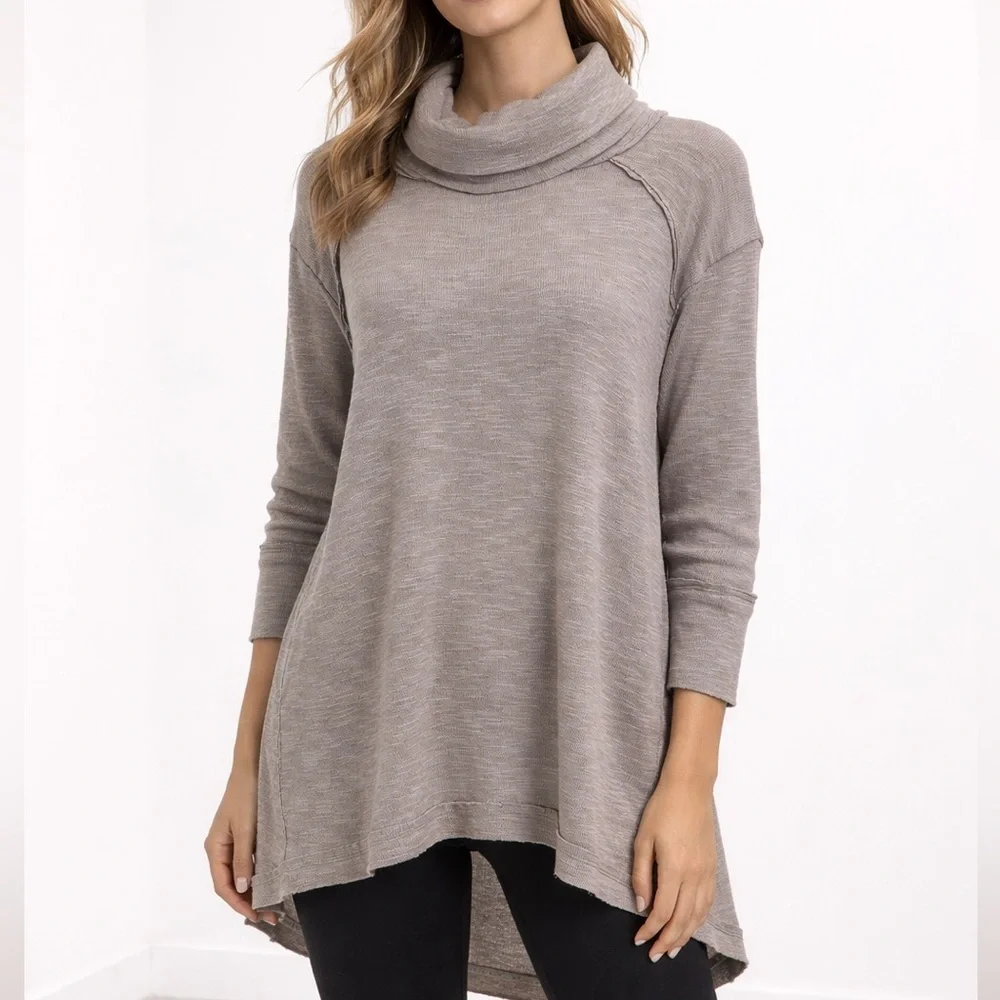 Free People Boho Taupe Slub Knit Cowl Neck Split Back Tunic Sweater Small